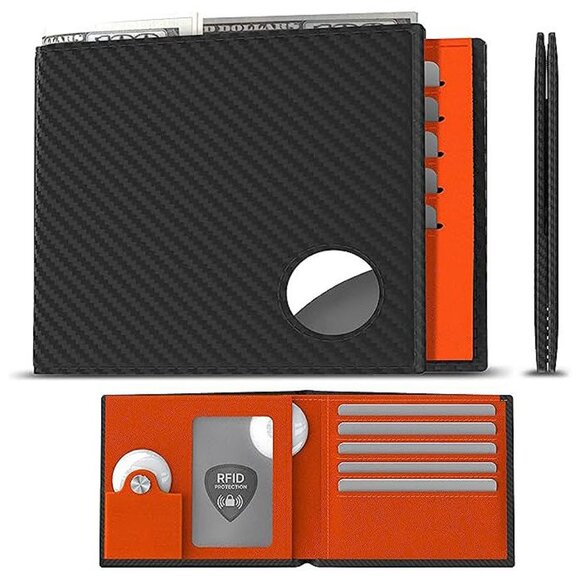 Mens Leather Wallet with AirTag Holder: Hidden Pocket , ​​Carbon Fiber Organge